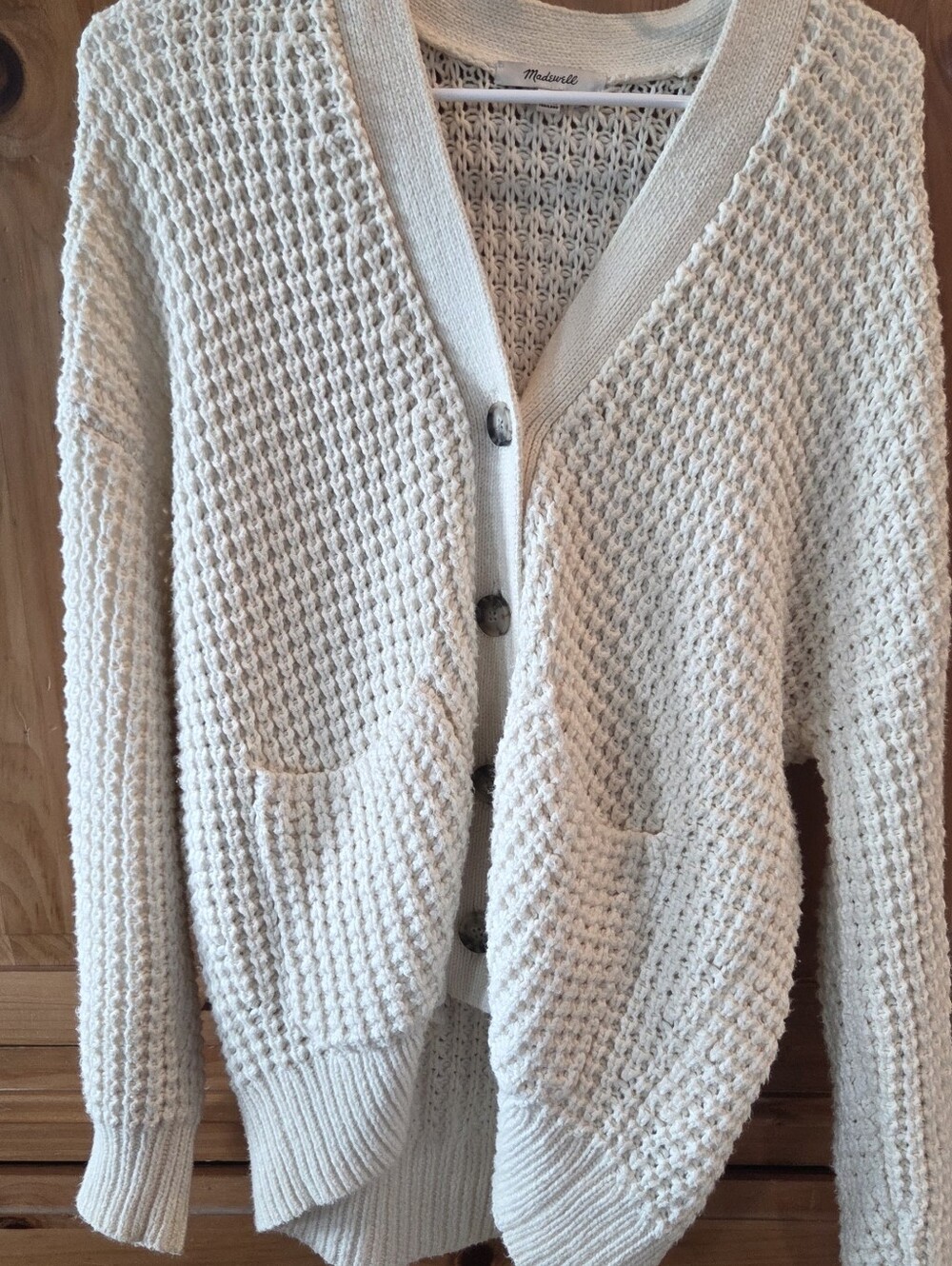 Madewell Ivory Waffle-Knit Button Cardigan